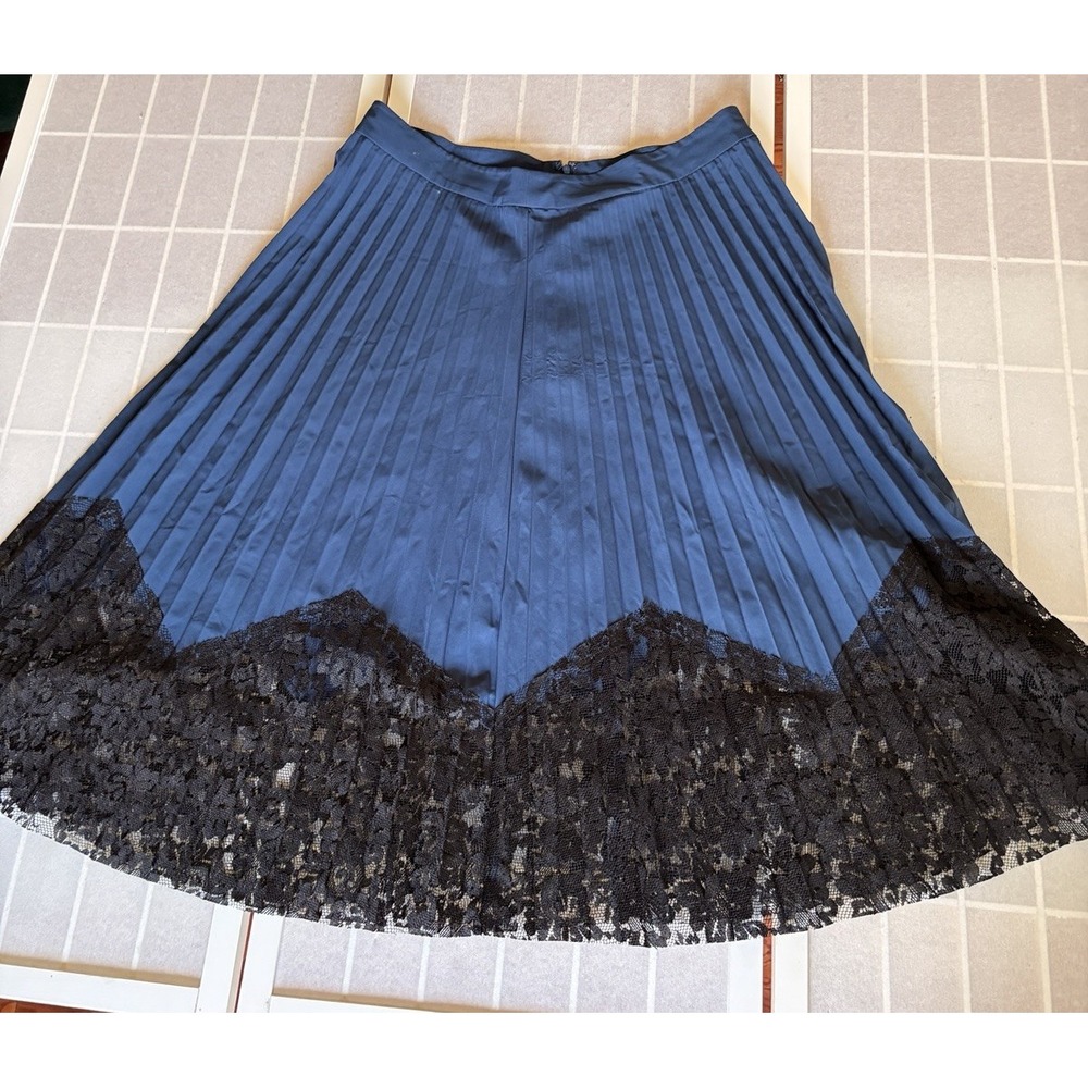 Edwardian Gothic Navy Blue Pleated Black Lace Hem Maxi Skirt XL